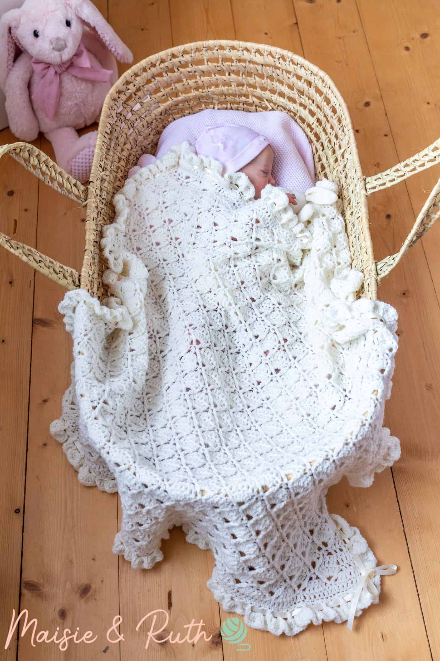 Crochet Baby Blanket Pattern With Baby in Basket
