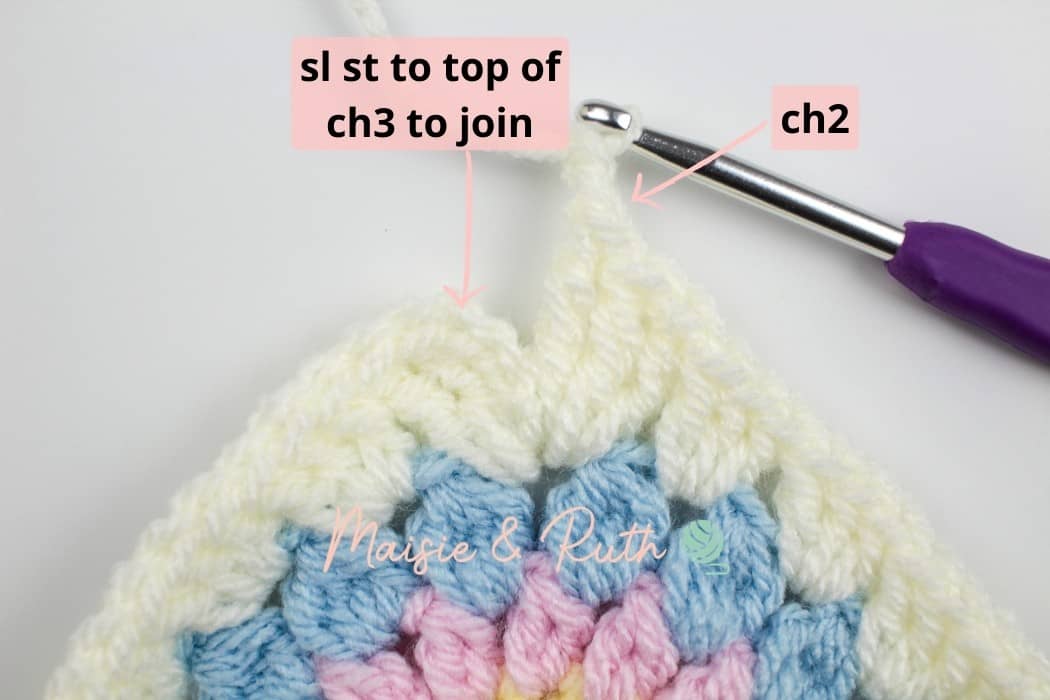 Crochet Sunburst Granny Square step 22