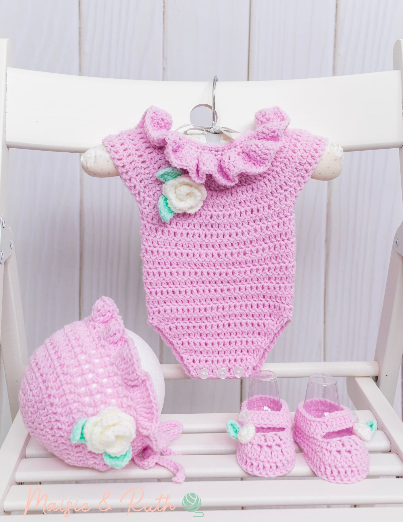 Crochet Flower with Romper Bonnet and Booties