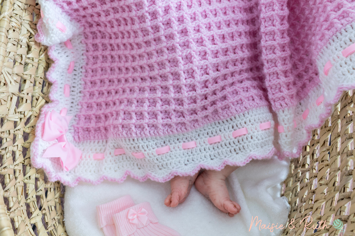 Crochet Waffle Stitch Baby Blanket Feet Sticking out