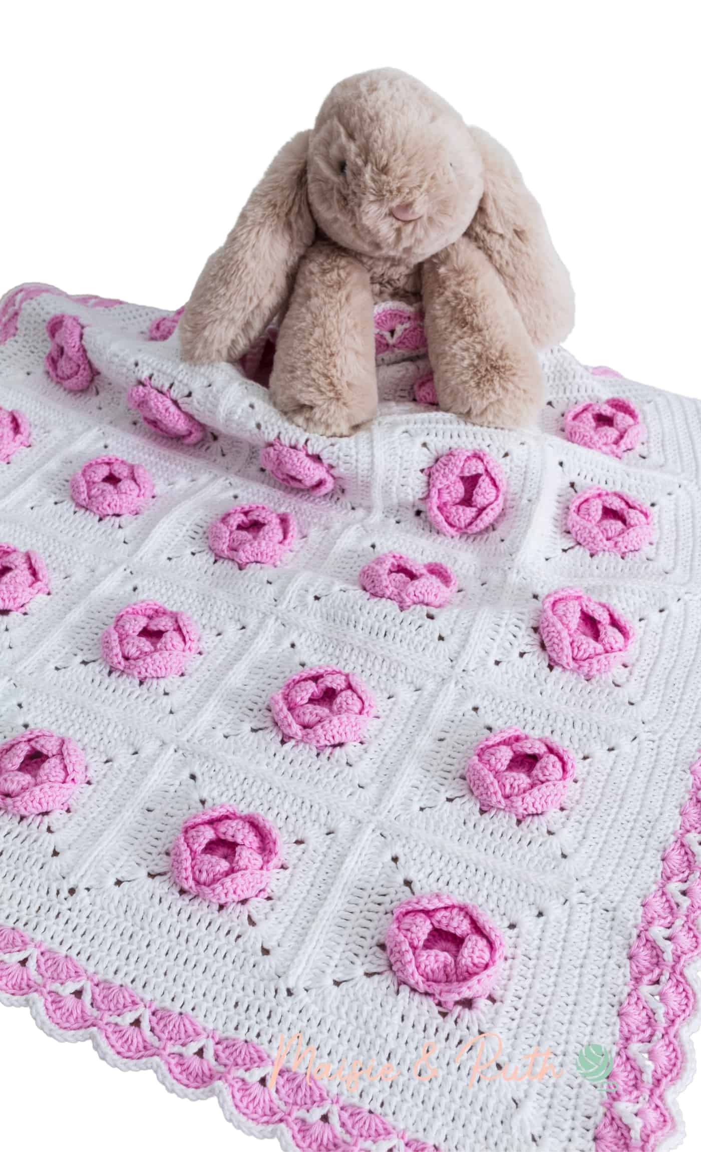 Crochet Rose Baby Blanket Bunny Hugging
