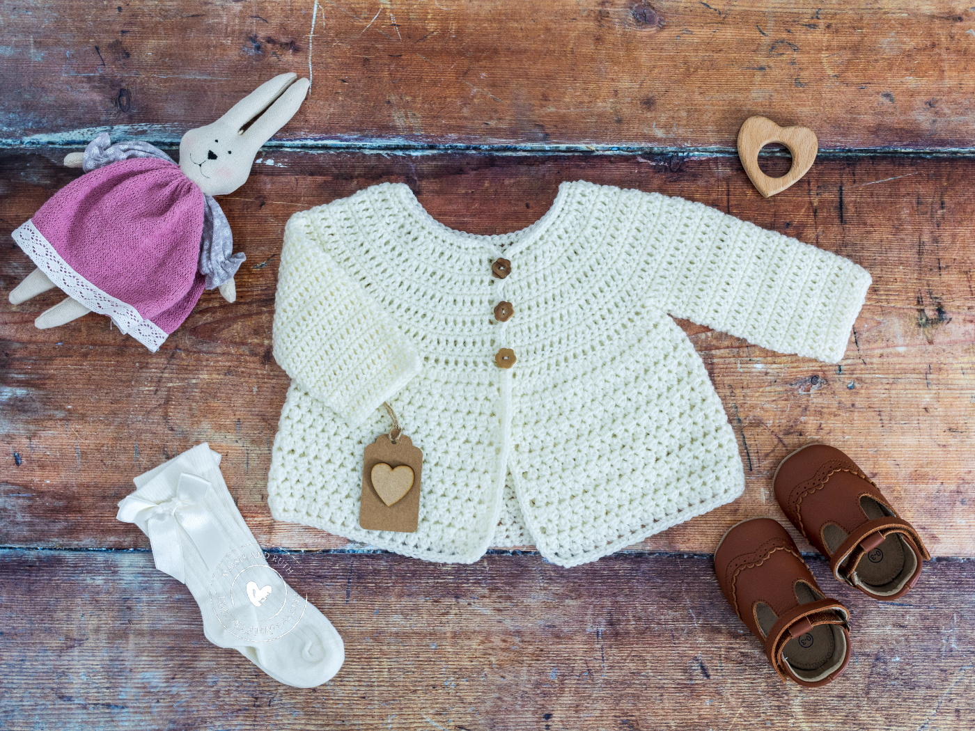 Crochet Baby Cardigan Pattern with socks and bunny