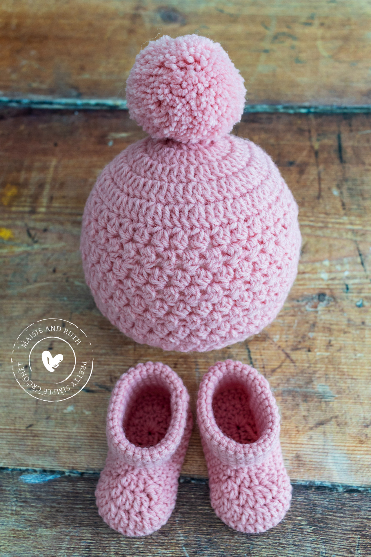 Easy Crochet Baby Hat with pink baby booties