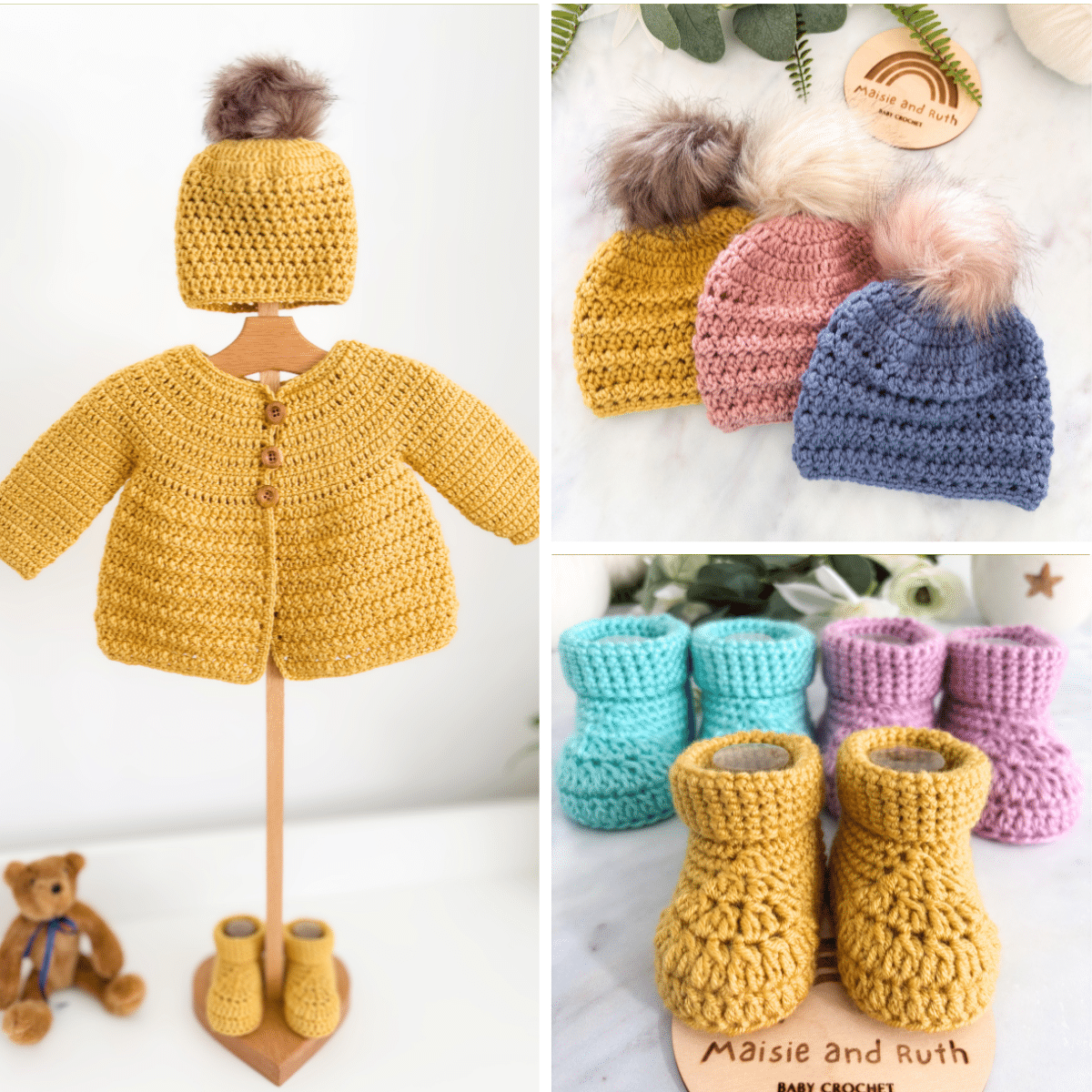 matching set of crochet baby cardigan booties and beanie free pattern
