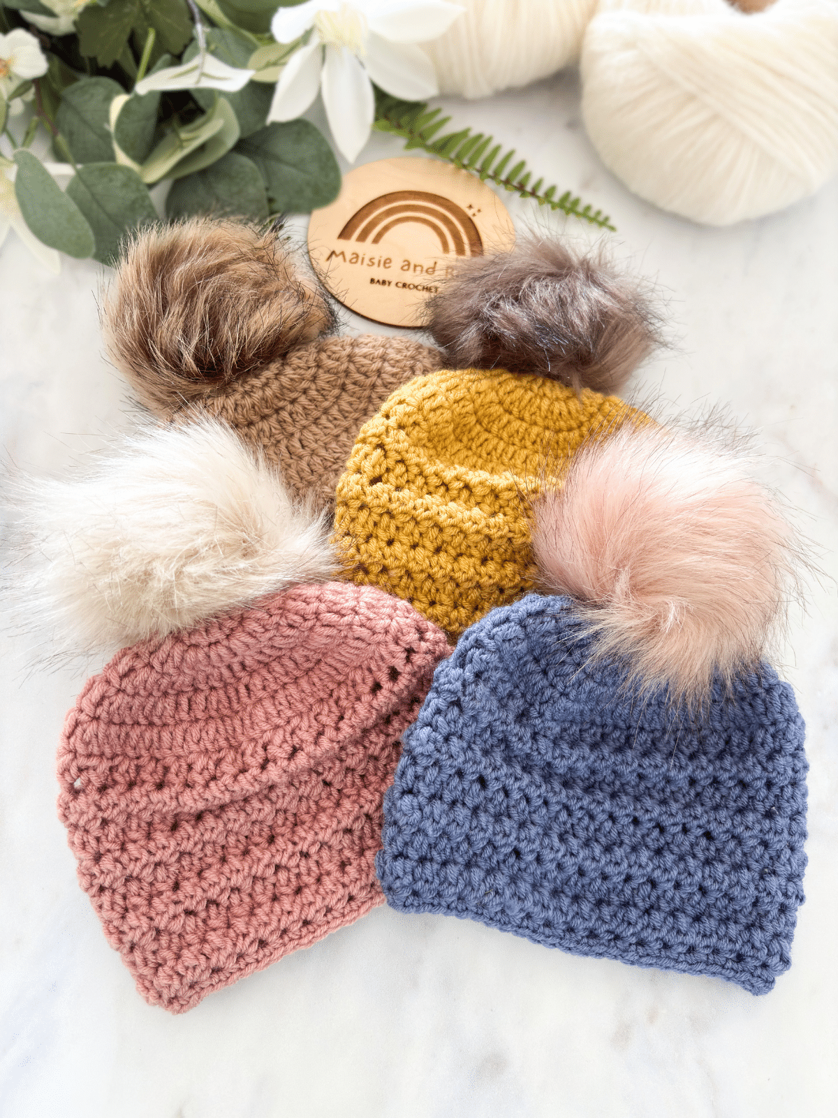 Collection of easy crochet baby hat sizes from newborn to adult