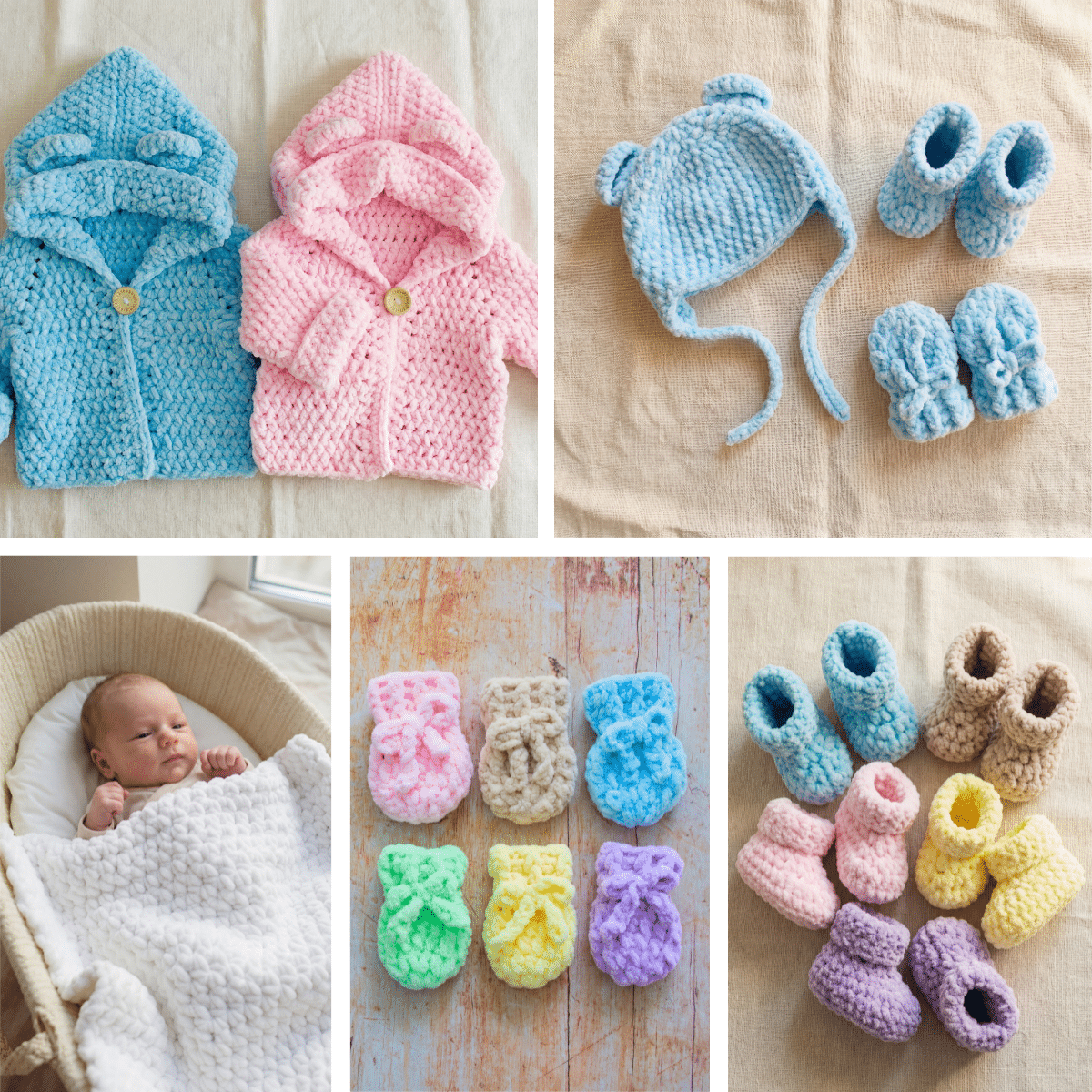 fast crochet baby mittens pattern using chenille yarn with hoodie, booties, blanket and booties
