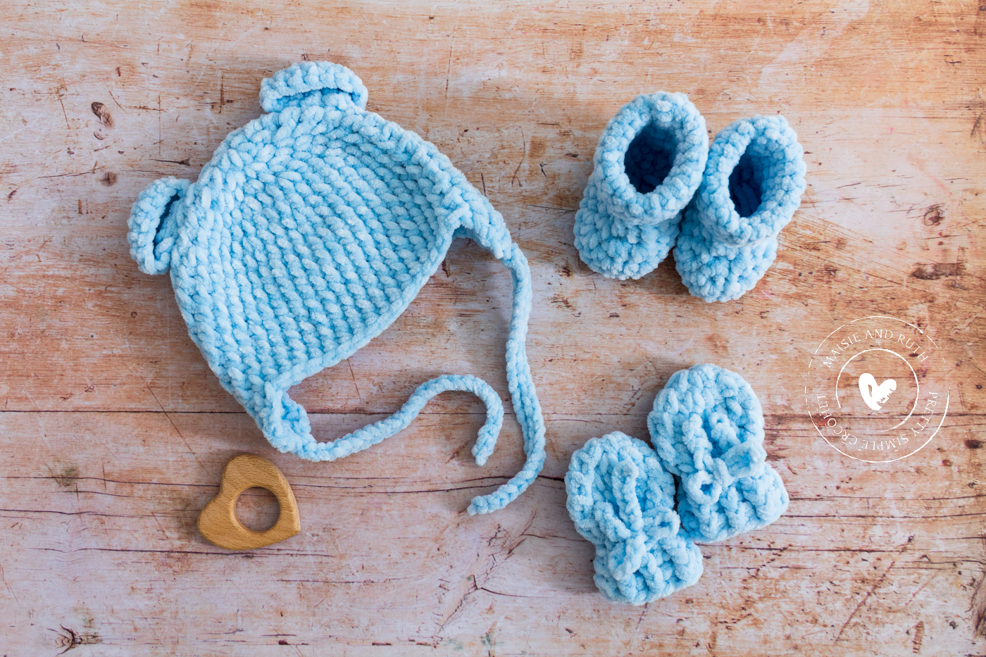 Crochet Baby Mittens with blue hat and booties