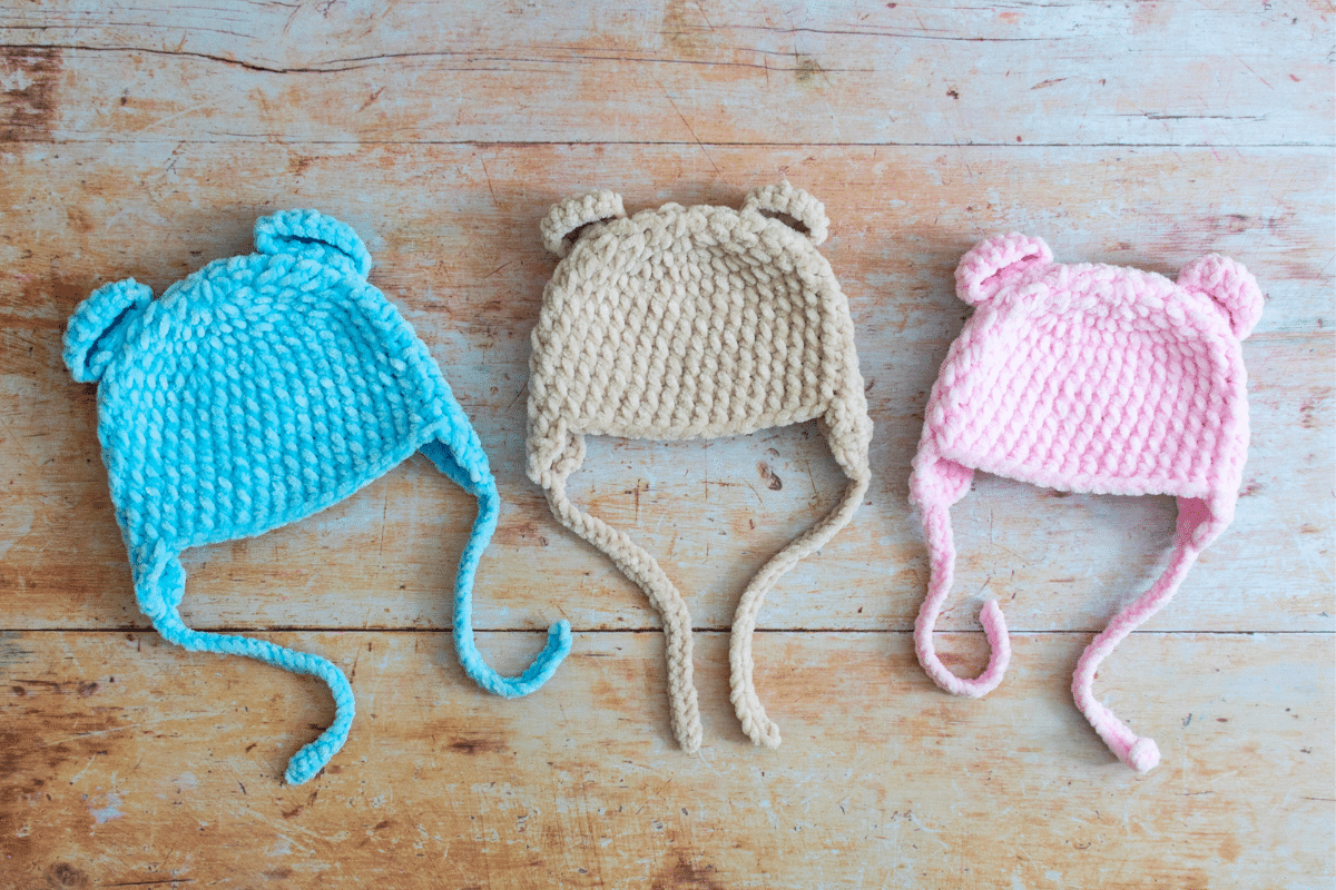 crochet baby bear beanie in blue beige and pink