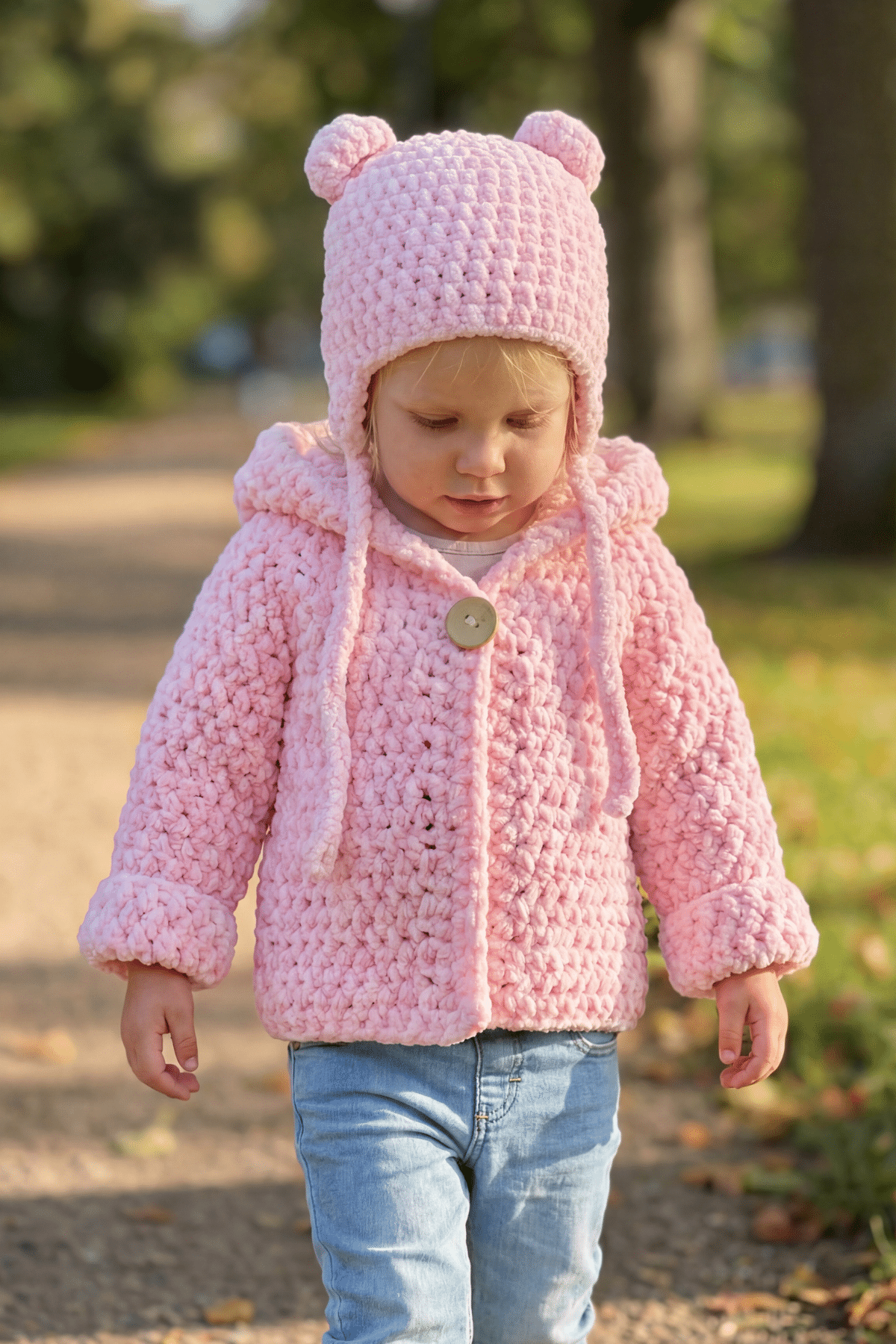 crochet baby bear beanie in pink yarn quick and easy project. Worn by child