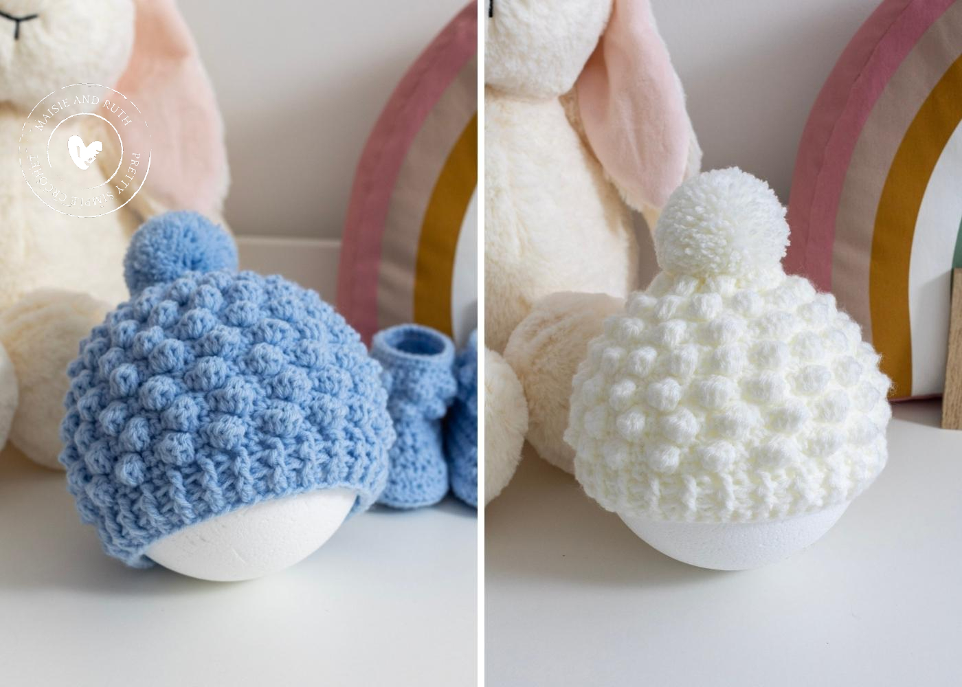 crochet bobble baby beanie in blue and white