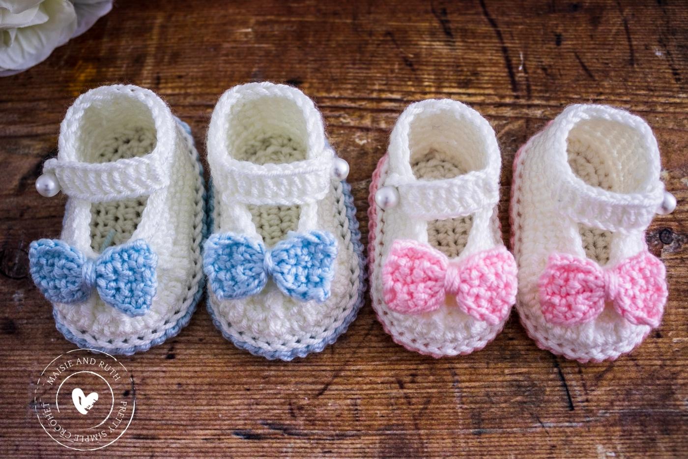 Crochet Bow Baby Booties Free Pattern blue ones and pink