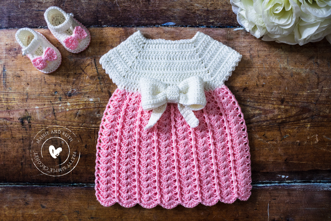 Easy Crochet Baby Dress in pink with booties