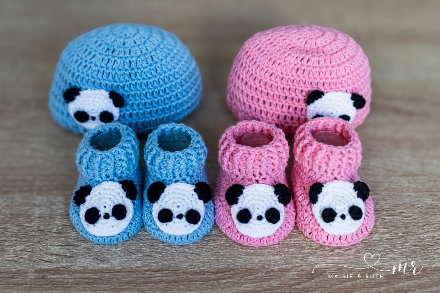 Panda Crochet Baby Booties free pattern with matching hats