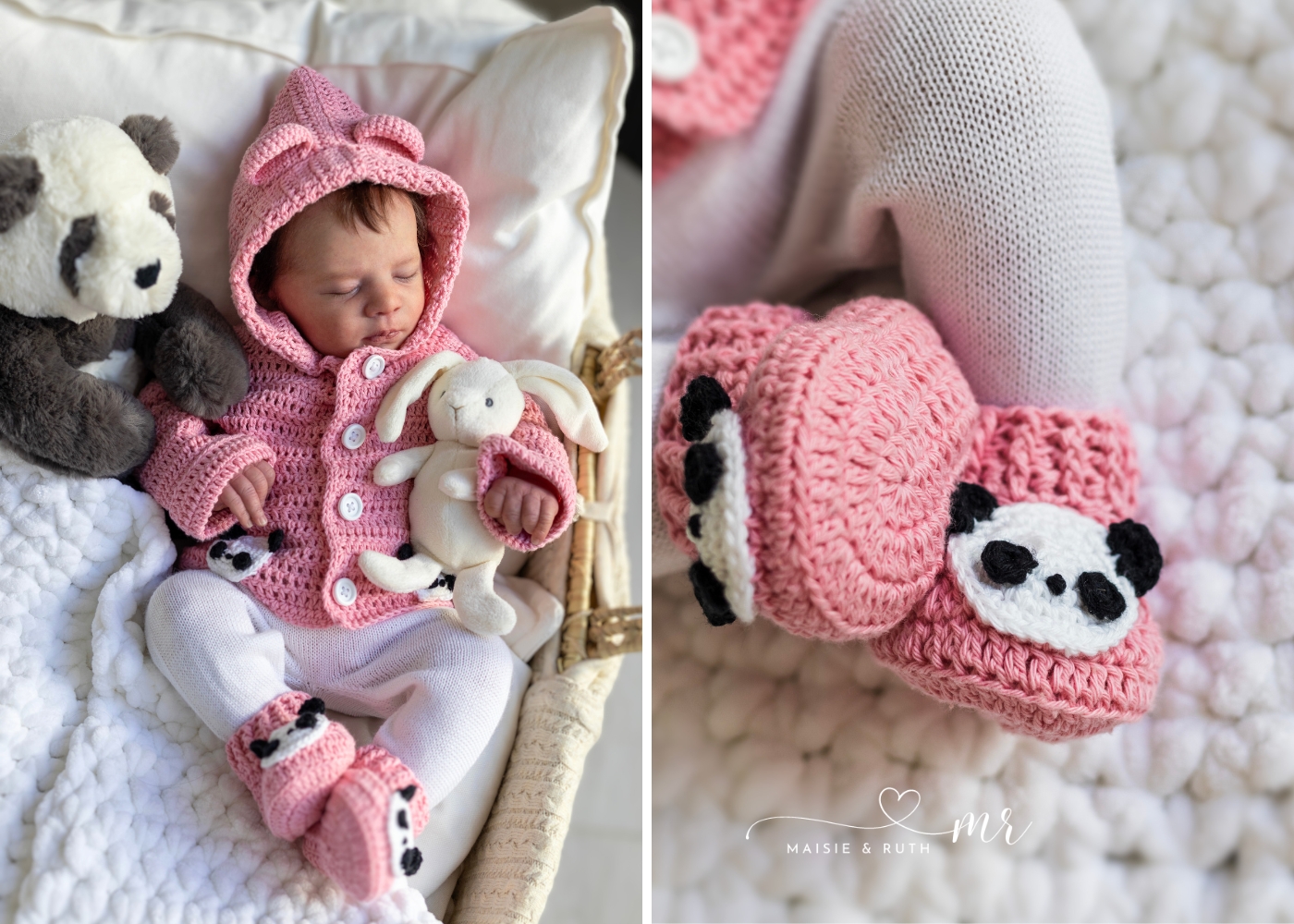 Panda Crochet Baby Booties in pink on sleeping baby