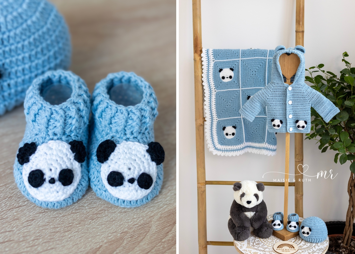 Panda crochet baby booties in layette