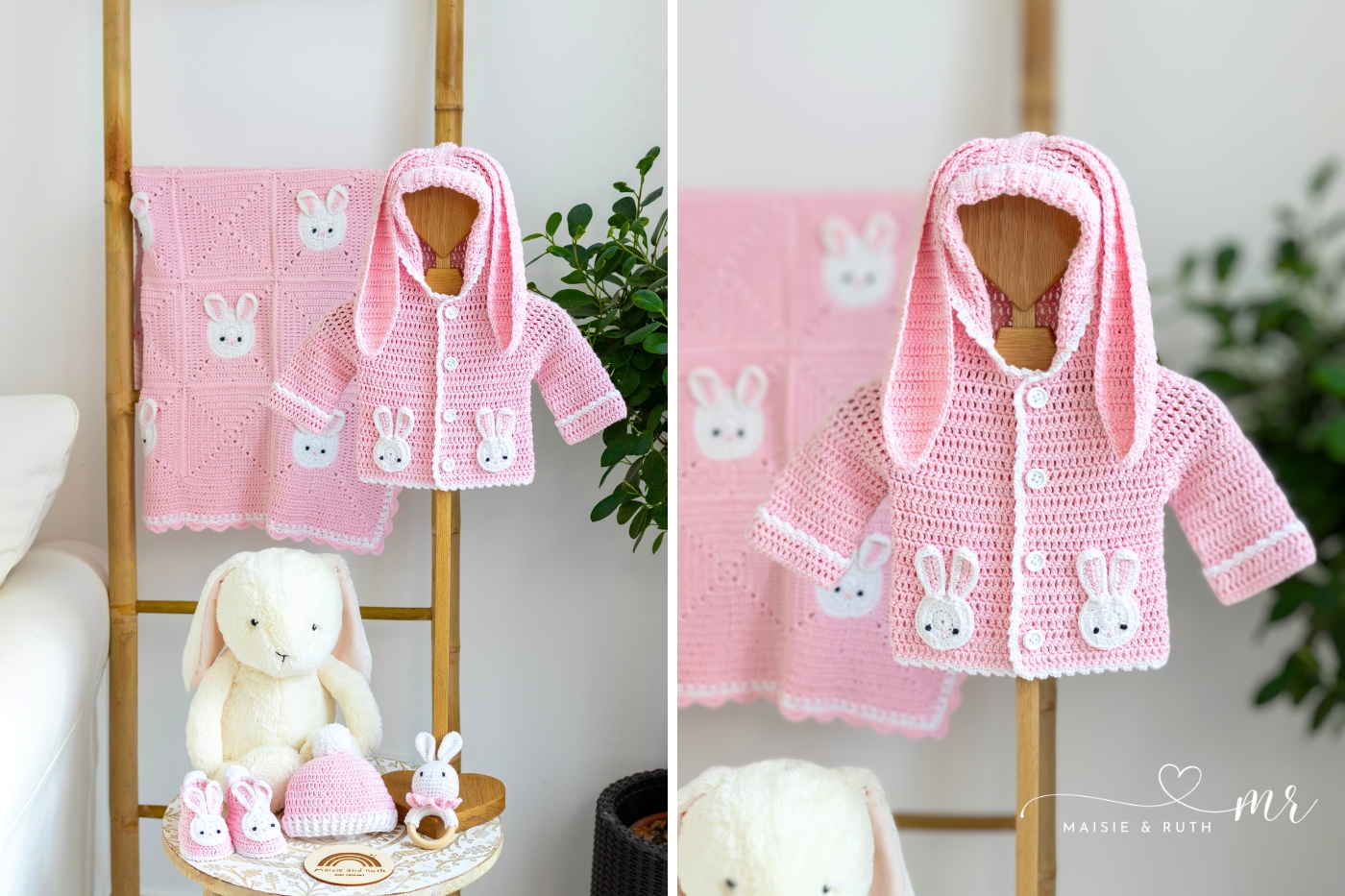 crochet Bunny Baby Hoodie on display stand