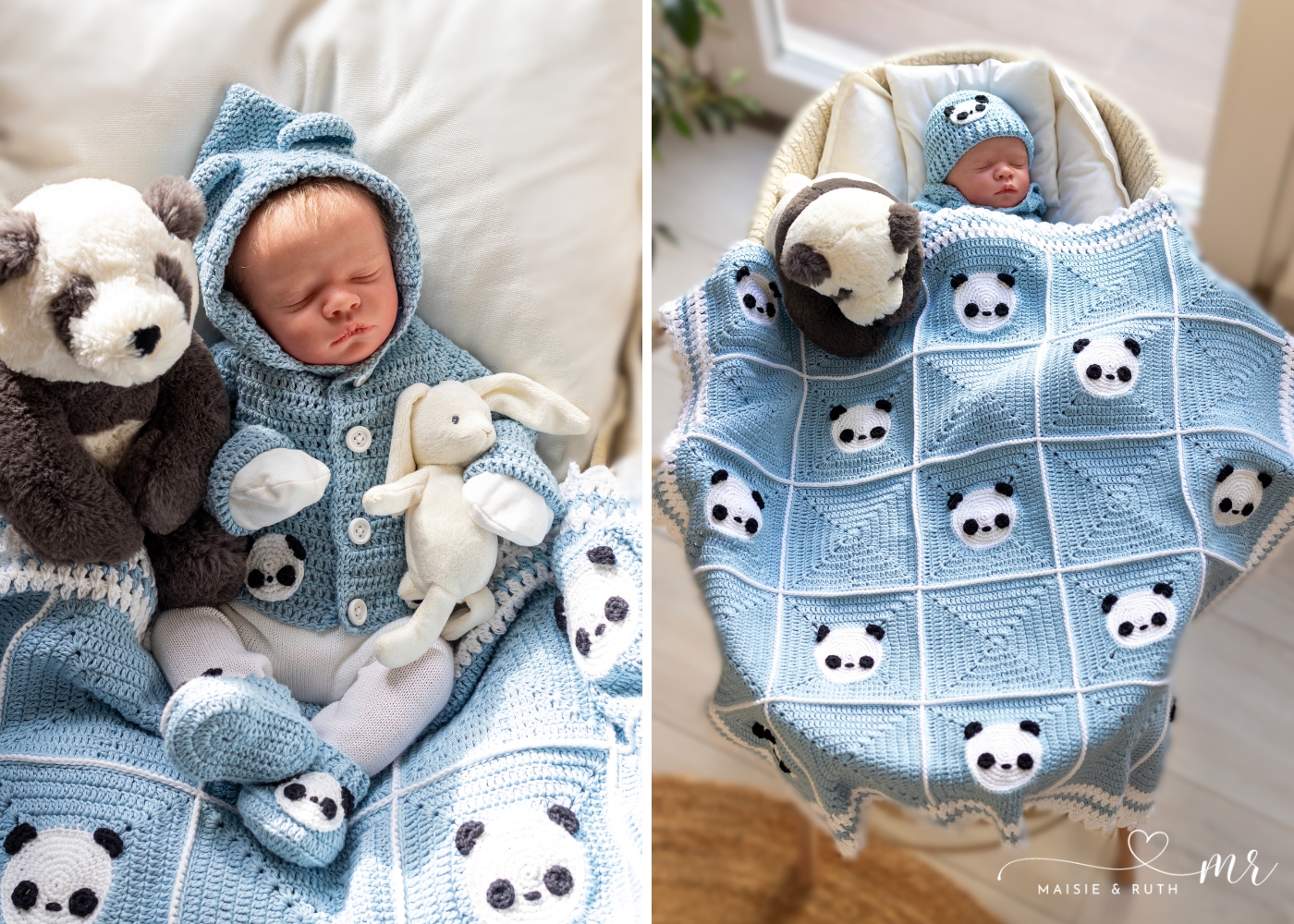 Panda Crochet Baby Blanket free Pattern modeled by baby