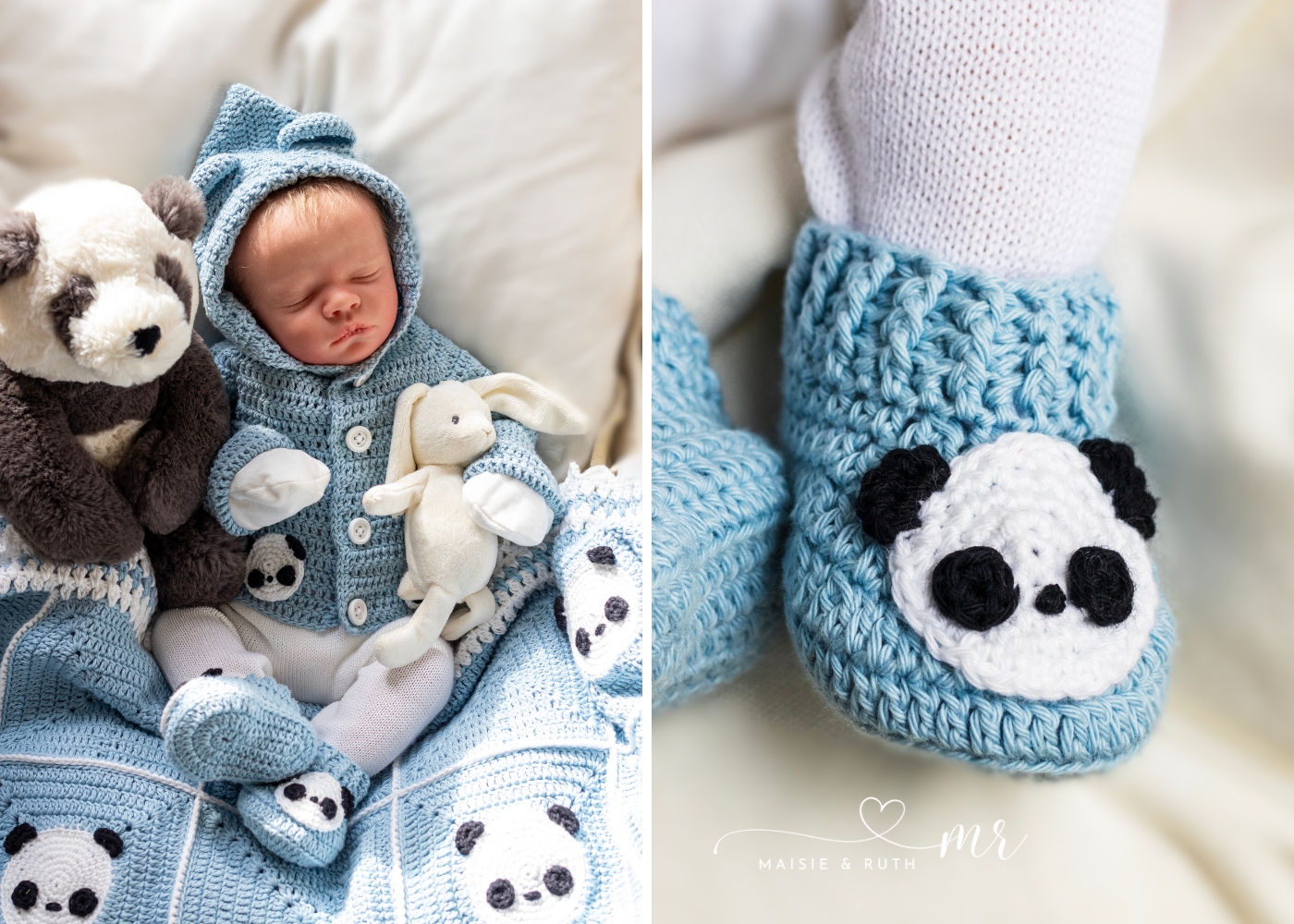 baby wearing blue panda crochet baby booties free pattern