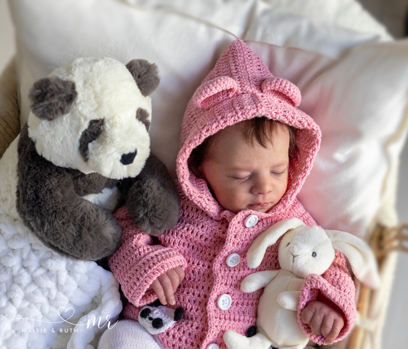 crochet panda baby hoodie free pattern on baby asleep in basket