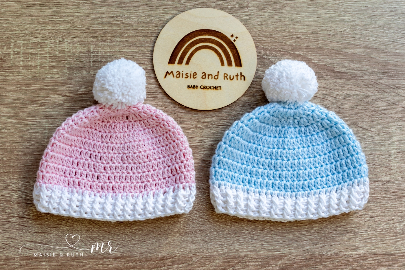 two toned crochet baby hat in pink and blue