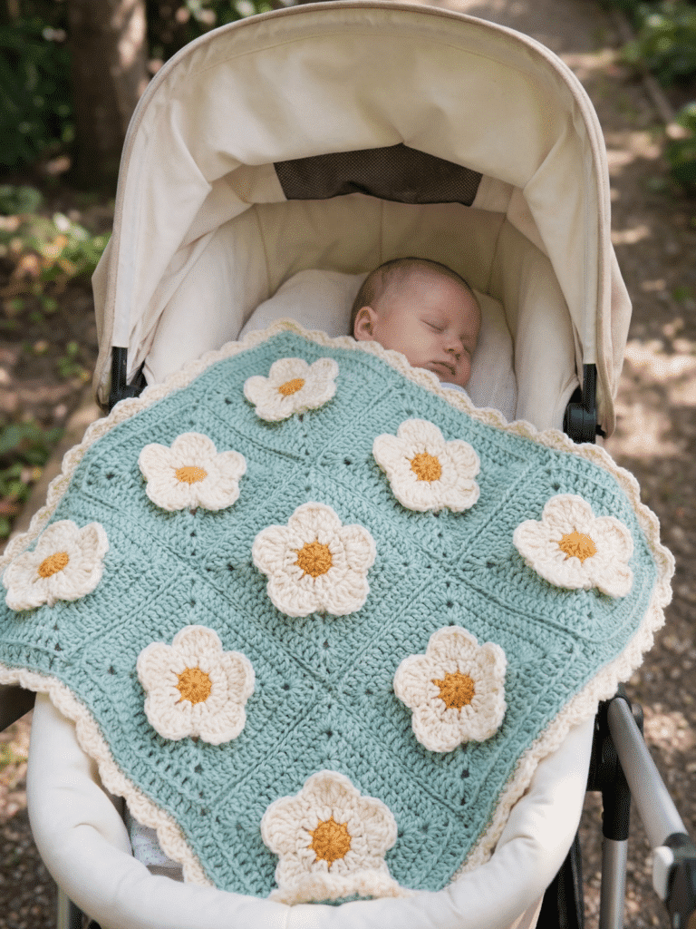 Vintage-inspired baby cozy petals blanket in Sea Glass with textured flowers