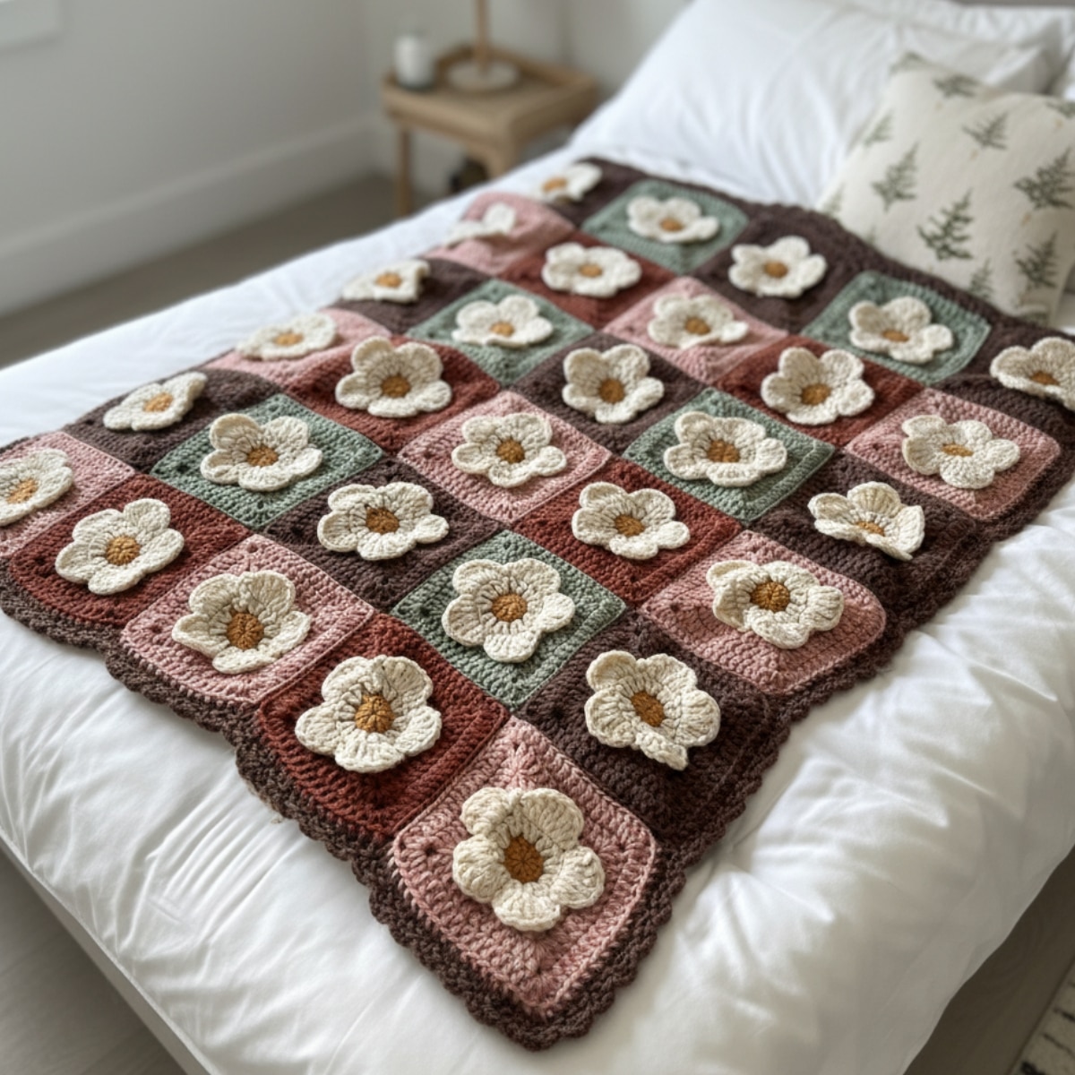 Cozy Petals flower crochet blanket made with chunky 3D flower granny squares in warm autumn colors